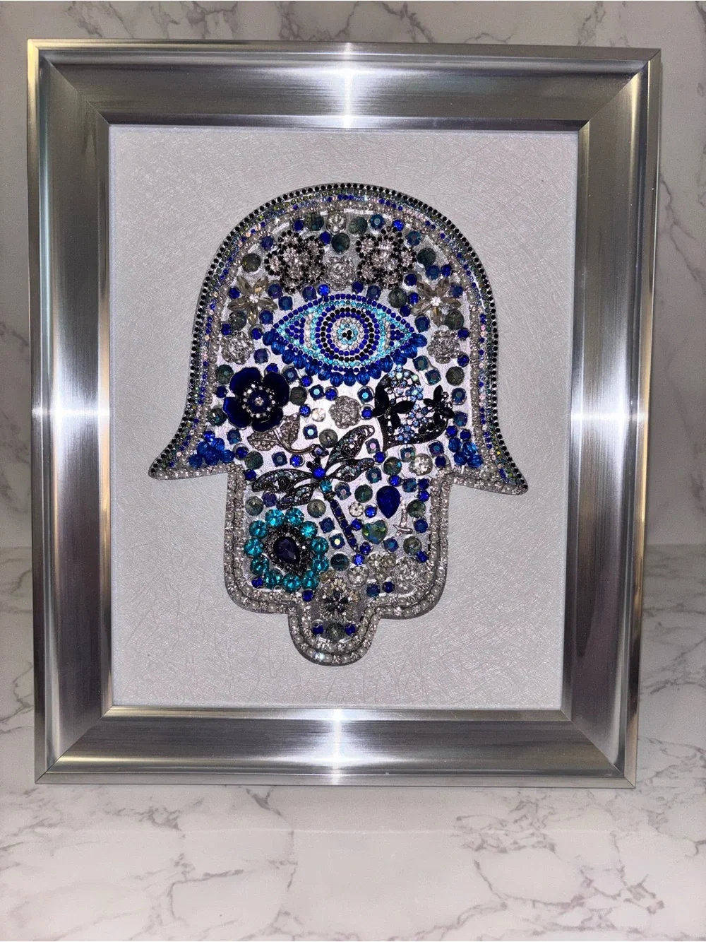 OOAK Framed Vintage Jewelry Hamsa Hand Evil Eye Art 8x10 Protection Boho Decor